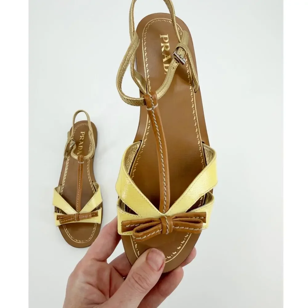 Prada Sandals Yellow Leather Bow T Strap Flat Gladiator Slingback Italy 36.5